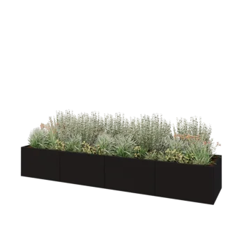 Jardinière XXL en acier - Rectangle - 400 x 80 x 60 cm - RAL9005 mat (noir) - Avec plaque de fond