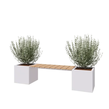 Jardinière en acier - Carré - 221,2 x 50 x 50 cm - RAL9010 mat (blanc) - Avec plaque de fond - Avec banc 